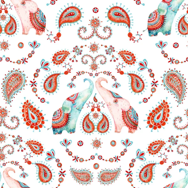 部族別水彩シームレスパターン ペイズリー装飾 民族インディアンの象の背景 プリント 布のデザイン 保育園のデザインのための手描きイラスト — ストック写真