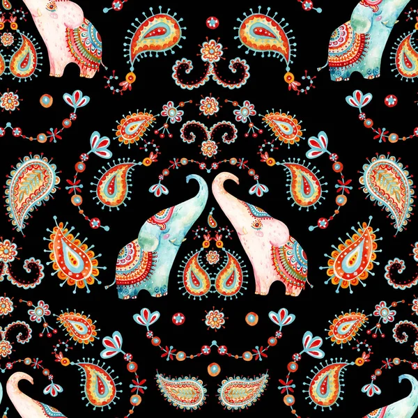 Stamm Aquarell Nahtloses Muster Elefant Paisley Ornament Ethnisch Indische Elefanten — Stockfoto