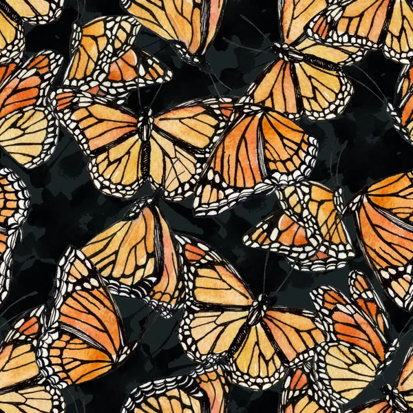 아름다운 날아다니는 나비들 손으로 나비와 추상적 형태의 솔기없는 설계를 설명하는 — 스톡 사진