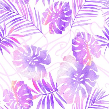 Canlı renkli tropikal çiçekler, klasik süslemesiz desenler. Suluboya botanik illüstrasyon: tropikal yaprakların iz sürme arkaplanındaki silüetleri. Palm, Monstera leaf Art Nouveau Tekrar Edin.