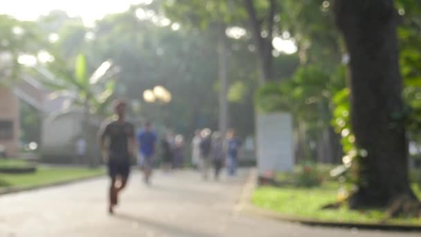 Slow Motion Out Focus Unidentified People Running Walking Park Sunshine — Stock Video