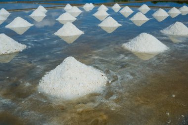 The white salt field on a sunny day. Royalty high quality free stock footage of white salt field in a beach village. Salt is an important food for people clipart
