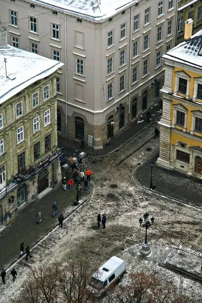 Inverno encruzilhada em Lviv vista superior — Fotografia de Stock