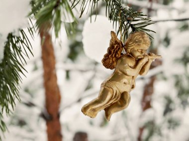 Altın melek asmak oyuncak karlı dal