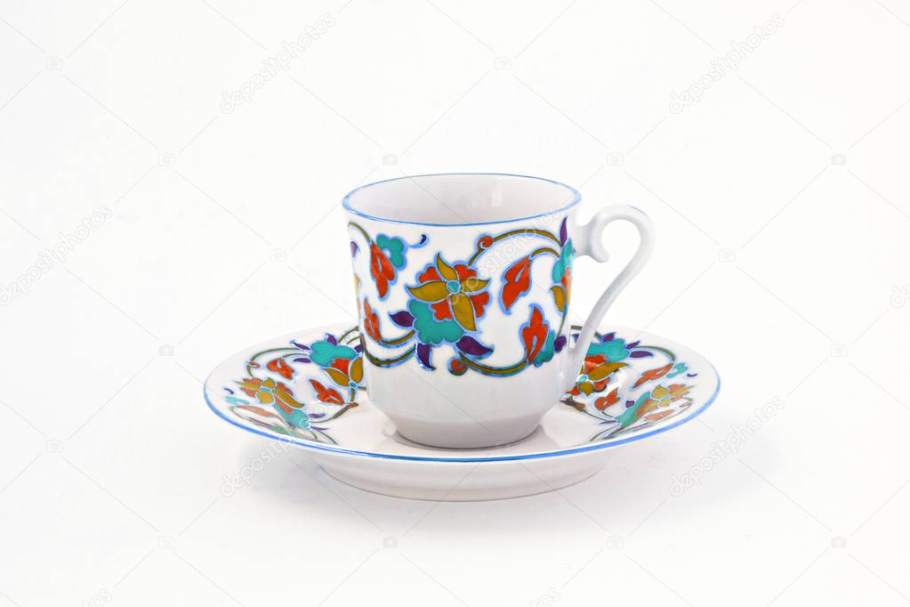 vintage coffee set with colorful decoration isolated