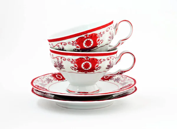 Vintage çay seti ile izole altın kırmızı dekor — Stok fotoğraf
