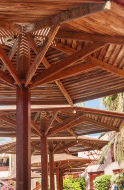 plaj ahşap şemsiyeleri güneşli günde