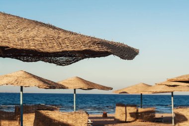 güneşli gün saman Plajda şemsiye deniz arka plan üzerinde