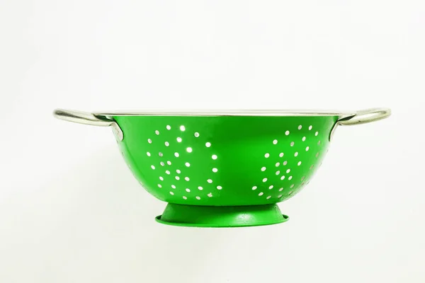 Old green metal colander sieve — Stock Photo, Image