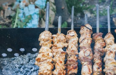 Yangın üstten görünüm, şiş kebap şişleri, duman üzerinde et pişirme