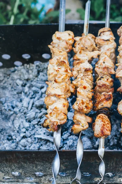 Gotowanie mięsa na widok z góry ognia, shish kebab na szaszłyki, dym — Zdjęcie stockowe