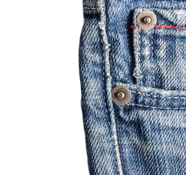 Jeans close-up, oud, zak achterkant, voorkant, verfrommeld, gescheurd. Geïsoleerd — Stockfoto