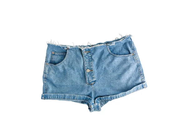 Denim short shorts with torn edge, isolated on white background — Stock Photo, Image