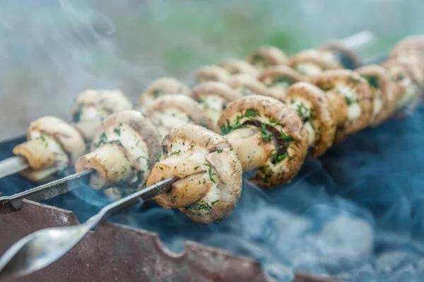 Champignons grillés sur brochettes cuits dans un brasero, gros plan, retr — Photo