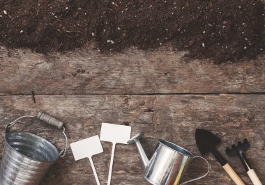 Bahçe bir araç, bir kürek, bir komisyon, bir sulama olabilir, bir kova, tablo