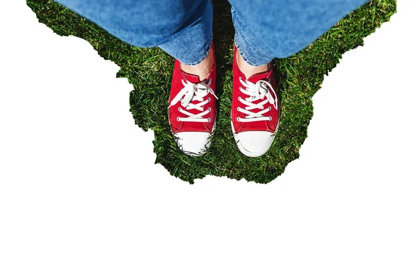 Legs in old red sneakers on green grass. View from above. The co