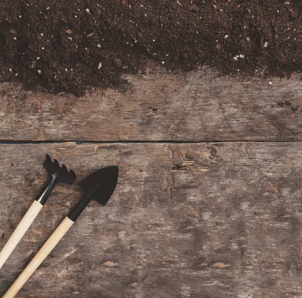 花园工具、 铲、 耙子、 喷壶、 桶、 表 — 图库照片