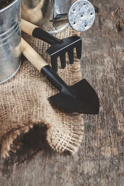花园工具、 铲、 耙子、 喷壶、 桶、 袋上木 — 图库照片