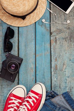 Natürmort rekreasyon, giyim, şapka, gizlice için çeşitli öğeleri