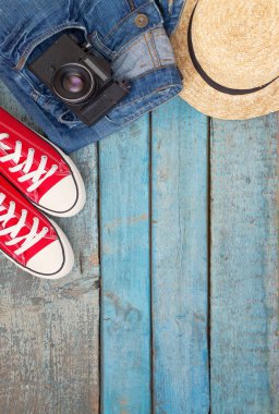 Natürmort rekreasyon, giyim, şapka, gizlice için çeşitli öğeleri