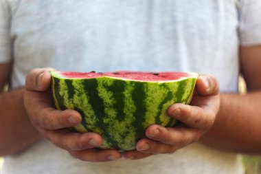 Genç bir adam yarım karpuz elinde tutar. Kavramı