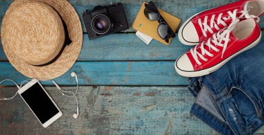 Natürmort rekreasyon, giyim, şapka, gizlice için çeşitli öğeleri