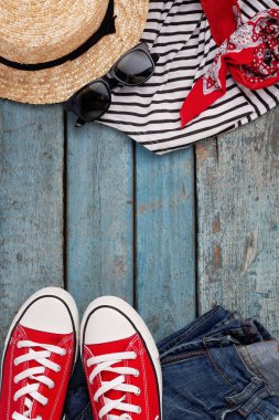 Natürmort rekreasyon, giyim, şapka, gizlice için çeşitli öğeleri