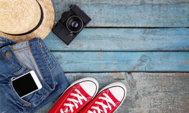 Natürmort rekreasyon, giyim, şapka, gizlice için çeşitli öğeleri