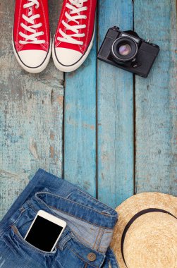 Natürmort rekreasyon, giyim, şapka, gizlice için çeşitli öğeleri