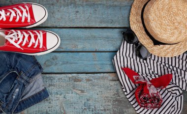 Natürmort rekreasyon, giyim, şapka, gizlice için çeşitli öğeleri