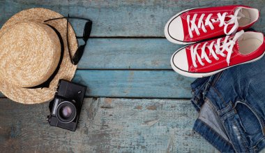 Natürmort rekreasyon, giyim, şapka, gizlice için çeşitli öğeleri