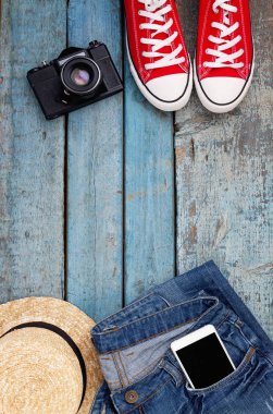 Natürmort rekreasyon, giyim, şapka, gizlice için çeşitli öğeleri