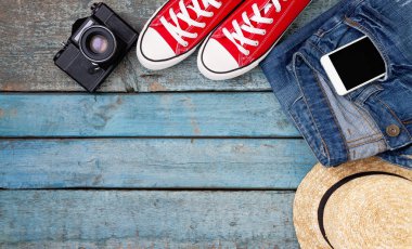 Natürmort rekreasyon, giyim, şapka, gizlice için çeşitli öğeleri