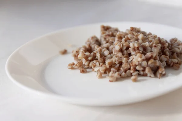 Gachas de trigo sarraceno en plato sobre fondo blanco con sombra — Foto de Stock