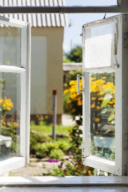 Güneşli yaz avluda bir eski kırsal penceresinden görüntülemek