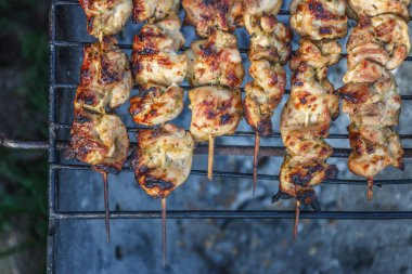 Et-kebap şişleri ve ızgara rendeleyin. Üstten Görünüm, yakın çekim