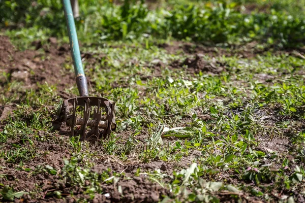 Stjärniga hand jordfräs att arbeta jorden, ogräs i trädgården. Conc — Stockfoto