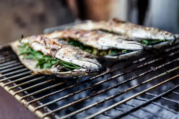 Maquereau de poisson carcasse rôti cuit sur le gril, vue de dessus, clo — Photo