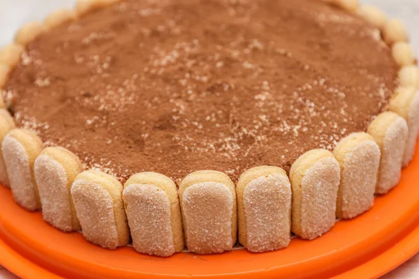 Torta tiramisù rotonda su tavolo in legno bianco cospargere di cacao in polvere — Foto Stock