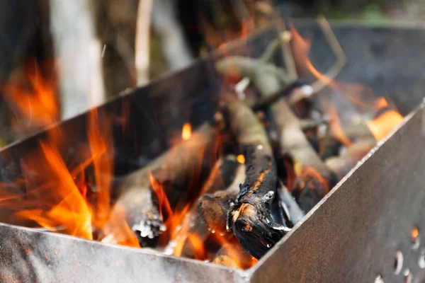 Die Feuerstelle verbrennt Brennholz und Äste für Kohle — Stockfoto