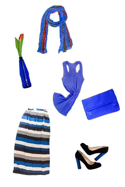 Collage di abiti femminili blu alla moda e accessori isola — Foto Stock