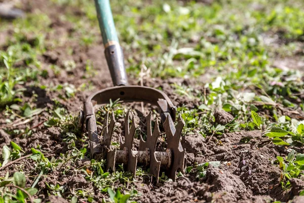 Ster hand rijenfrees om werken van de bodem, onkruid van de tuin. De conc — Stockfoto