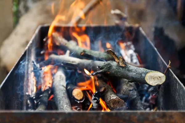A lareira queima lenha e ramos para o carvão — Fotografia de Stock
