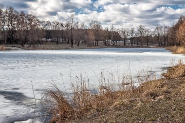 Kış güneşli manzara, Ukrayna ormanda gölde görünümünü