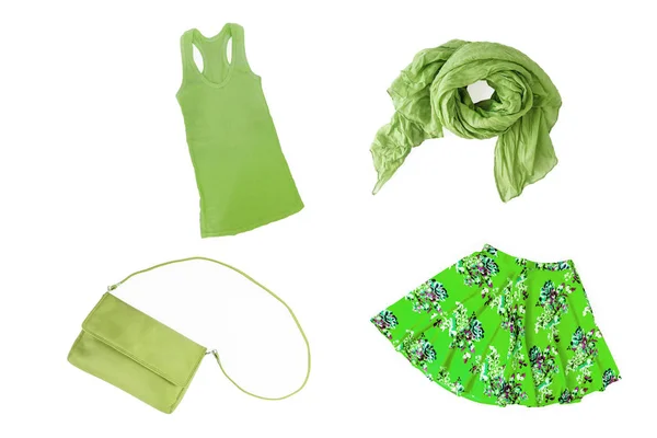 Collage of fashionable green summer-spring female clothes and ac — Stock Photo, Image