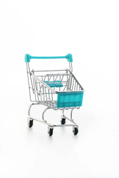 Close up of supermarket grocery push cart for shopping with blac — Stock Photo, Image