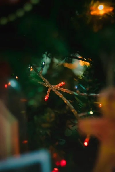 Gekleurd met lichten een bloemenslinger op een kerst versierde boom in wazig, bokeh. Close-up. — Stockfoto