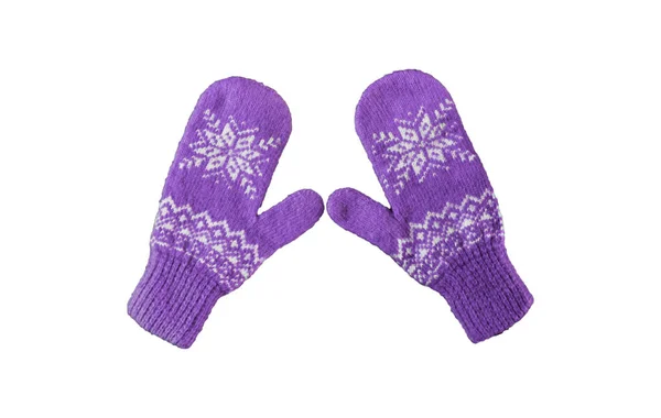Pair of purple knitted mittens with christmas pattern isolated on — Stock Photo, Image