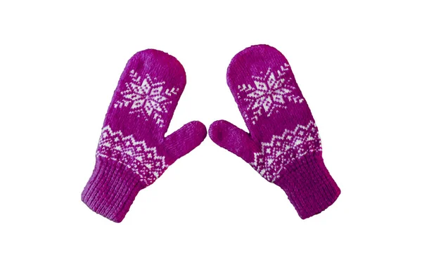 Pair of purple knitted mittens with christmas pattern isolated on — Stock Photo, Image