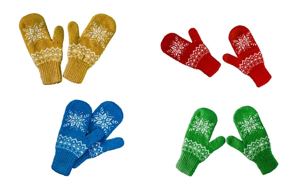 Pair of red-blue-green-yellow knitted mittens with christmas pattern isolated on — Stock Photo, Image